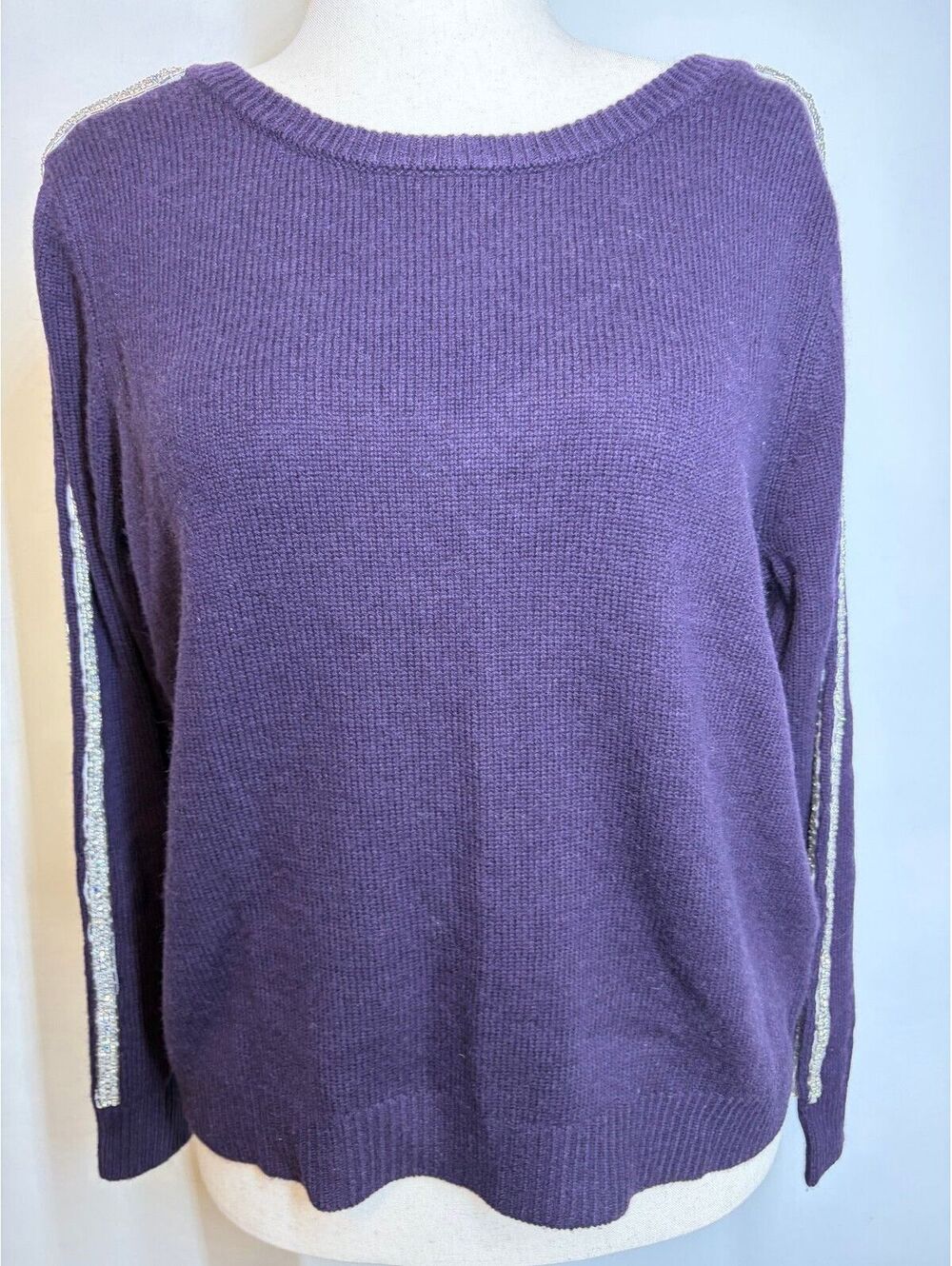 NWT US Medium Eli Tahari Aubergine V back/neck sweater silver bead embellished